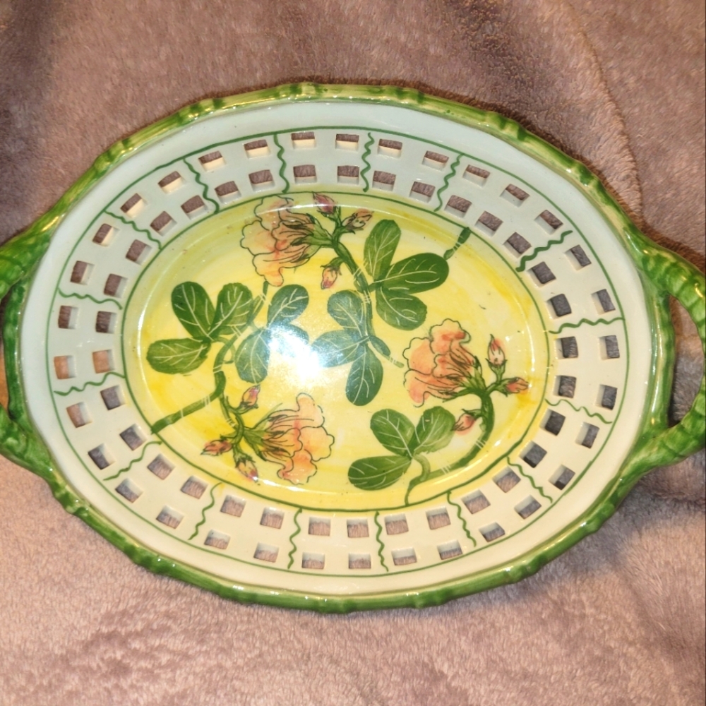 Vintage Ceramic Pottery China Porcelain Bread Basket Perforated Woven Sides Oval